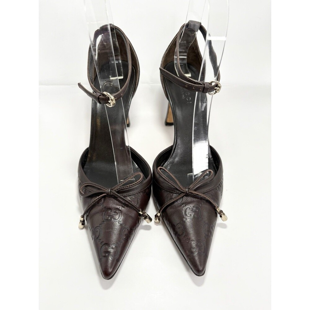 Gucci Brown Leather Guccissima GG Monogram Heels w/ Bow Accent Y2K Sz EU 36C 6 - Picture 2 of 14